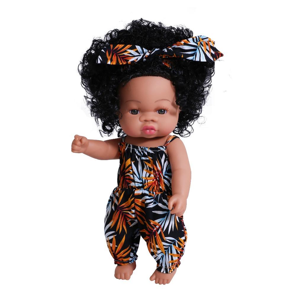33cm Full Silicone Body Reborn Baby Doll Toys Dark Black Brown Skin Optional Rebirth Doll Lifelike Curly Hair Newborn Doll for Kids Birthday Xmas Gift