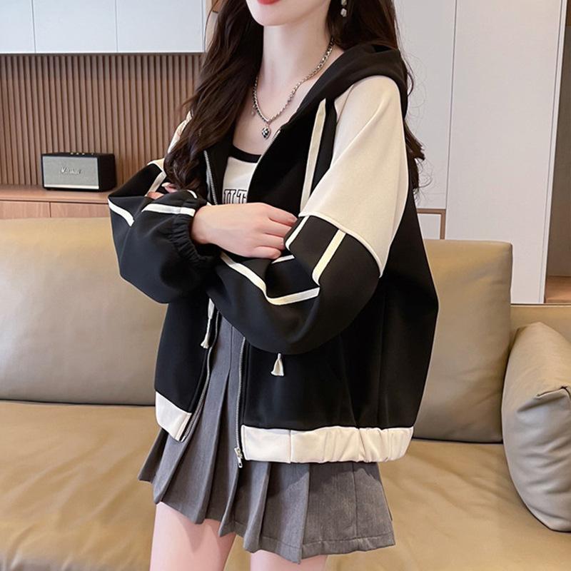 Autumn Women's Clashing Color Splicing Loose Hooded Zipper Jacket
