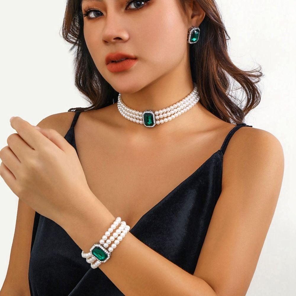 Multi-layer Pearl Jewelry Sets Rhinestones Bridal Jewelry Sets Necklace Bracelet Earring Set  Bride