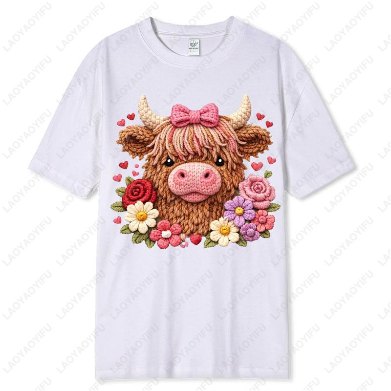 

Highland Cow Rose Valentine Cotton Tshirts Imitation Knitting Printed Preppy Lovely Style Casual Cute Retro Women Oneck Tops S