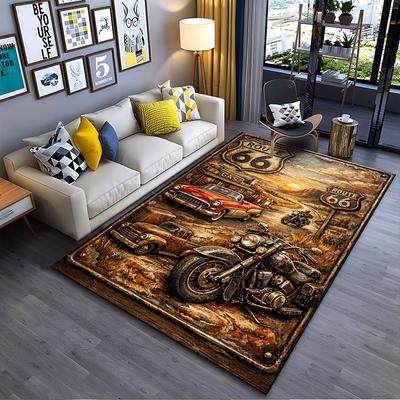"Route 66 Vintage Style Carpet with Classic Cars and Motorbike Design" Suitable for Use As an Anti-slip for Living Room Bedroom Sofas