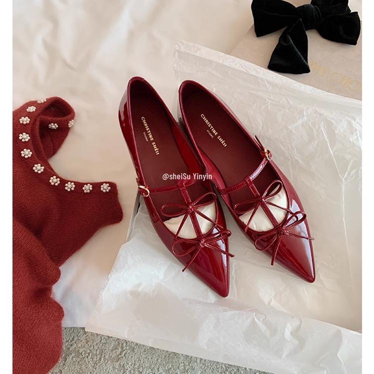 Su Yinyin-Style Hepburn Flat Mary Jane Shoes with Pointed Toe and Bow, Women's Genuine Leather Banquet Footwear.