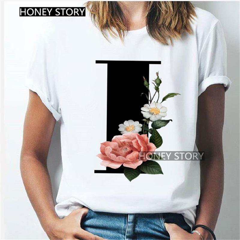 Kawaii English Alphabet Flowers Graphics Female T-Shirt 90S Summer Loose Short Sleeve Round Neck Female Tops Clothing