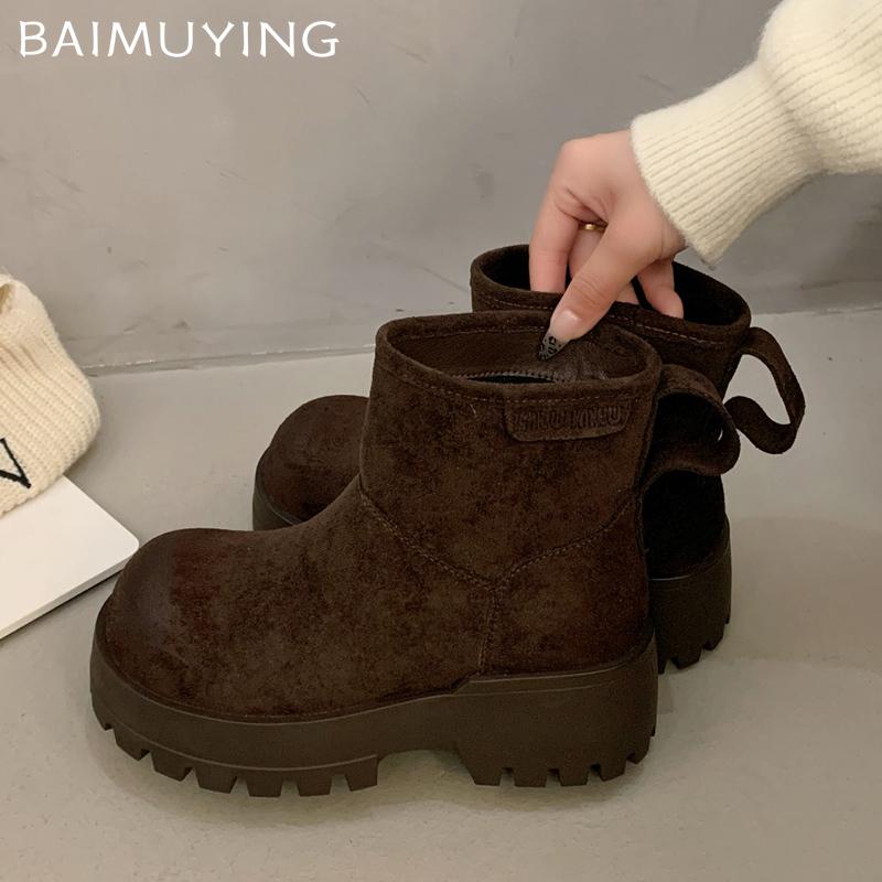 Suede Platform Women Ankle Boots Designer Short Plush Chunky Mid Heels Shoes 2025 Trend Winter New Pumps Warm Botas De Mujer