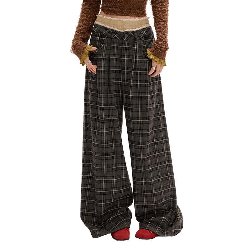 unifree Brushed Plaid Faux Two-Piece Straight-Leg Trousers