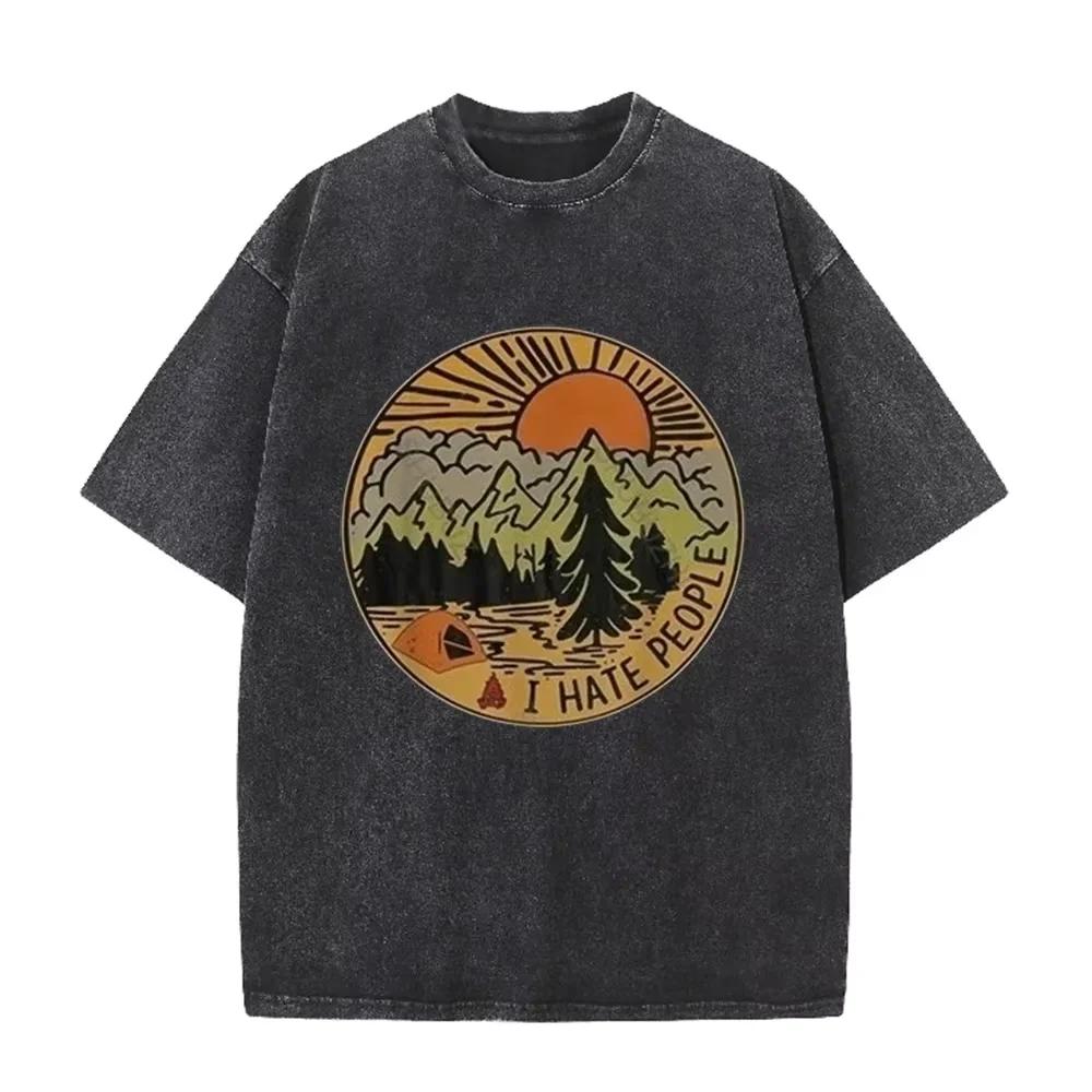 Vintage Camping I Hate People Print Washed Black Casual Outdoor T Shirt S