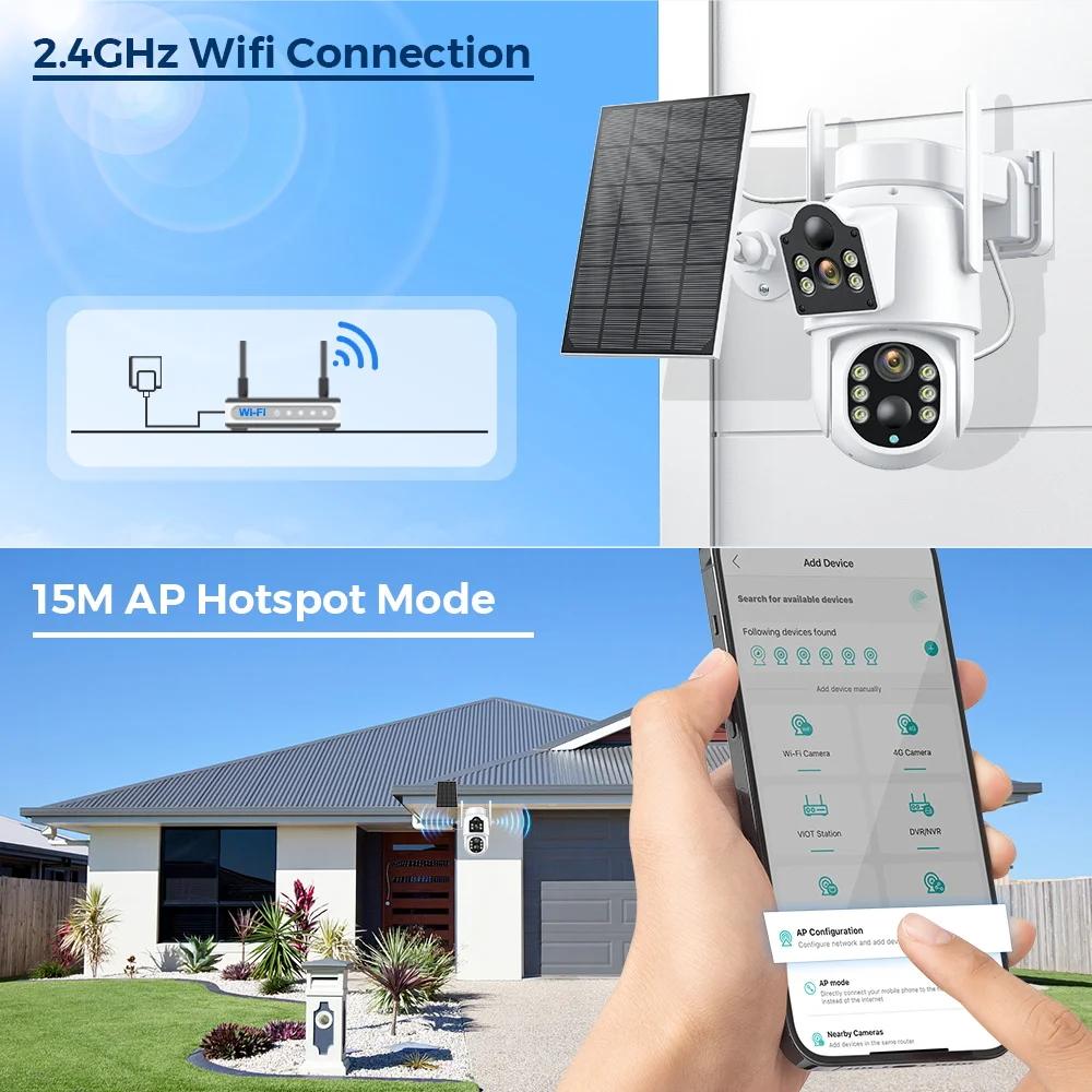 Wireless Solar Wifi PTZ Outdoor 4K 8MP Dual Len Low Power Security Battery Camera Color Night Surveillance Icsee