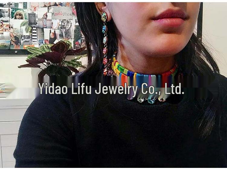 French Niche Colorful Zircon Necklace & Bracelet Set - Women's High-End Retro Choker Jewelry
