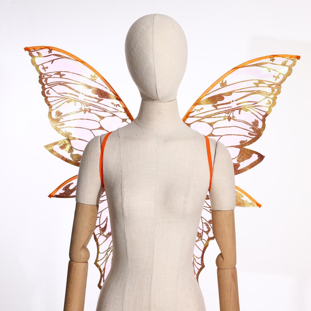 Glittery Butterfly Wings Costume Props - Elastic Strap Gold Stamp Decorated for Themed Party & Photography
