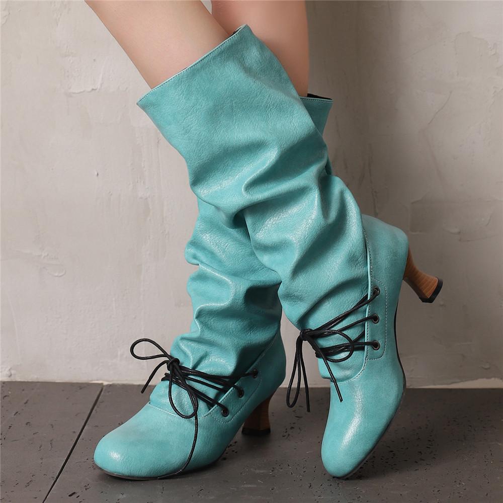 Women'S Autumn Winter Pleated Knee-High Boots Pointed Toe Stilettos Lace-Up High-Top Sexy Shoes For 34-50 Size Range