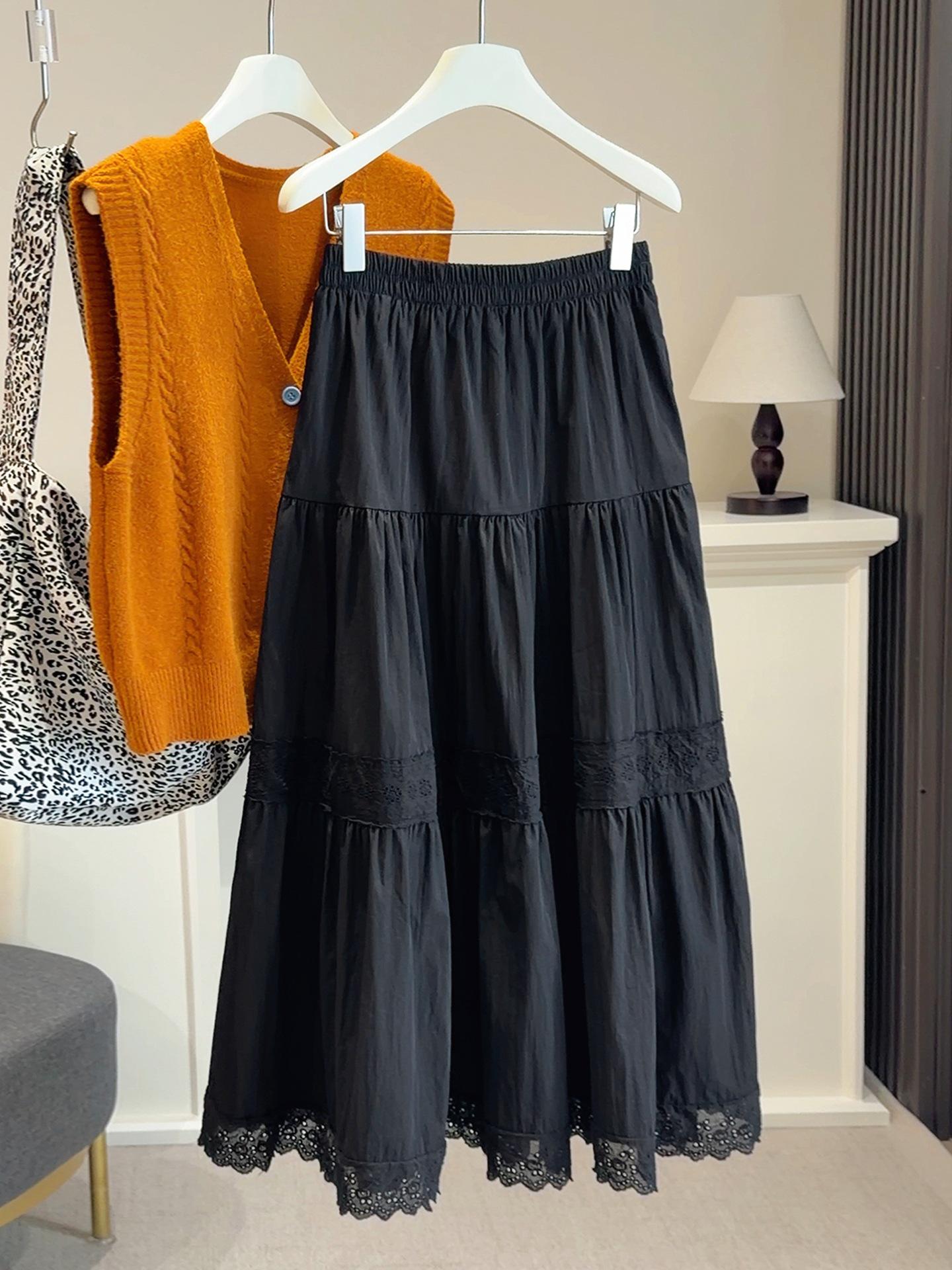 French Elegant A-Line Lace Cake Skirt for Women - Mid-Length Spring/Summer Style One Size чёрный