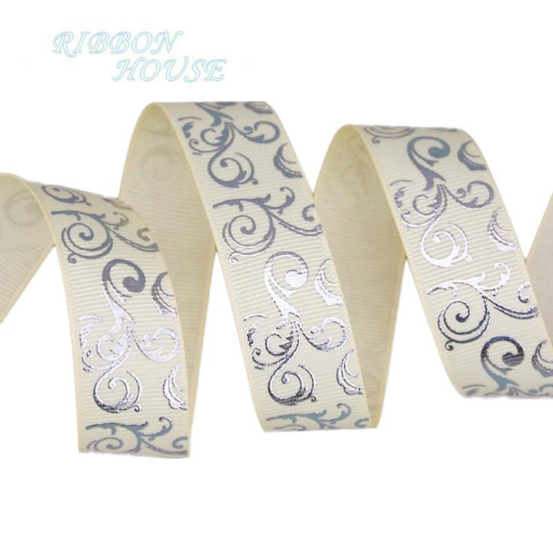 (10 yards/lot) 25mm White Silver Hot stamping grosgrain ribbon gift wedding ribbons