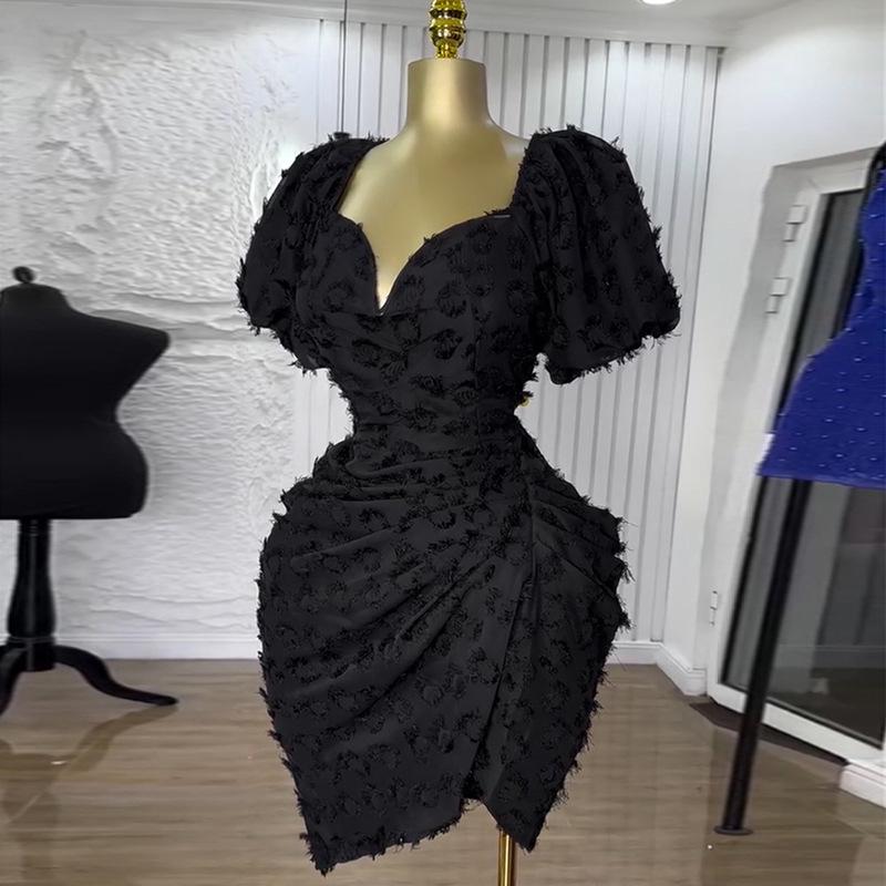 2025 Spring/Summer Sexy V-Neck Puff Sleeve High Waist Slimming Ruched Short Dress for Women