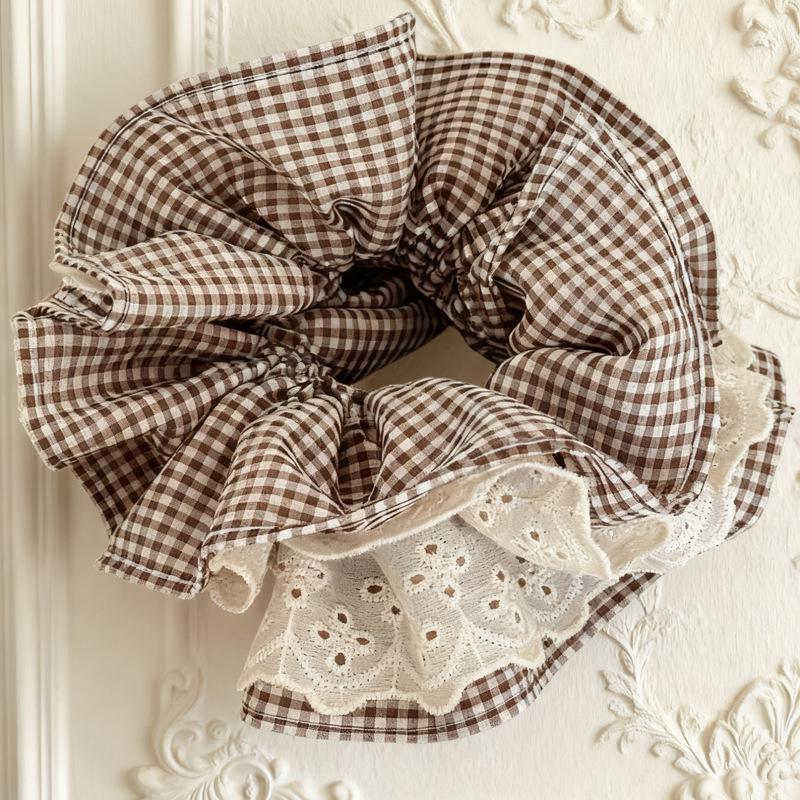 High-End Korean Plaid Lace Scrunchie for Women - Oversized Hair Tie & Bun Accessory
