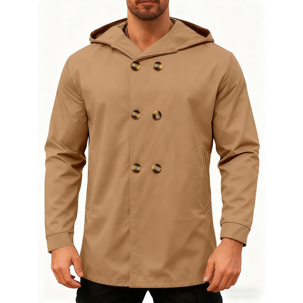 Men's Hooded  Mid Length Trench Coat Hoodie Jacket Double Breasted Suit Casual Windbreaker Outwear