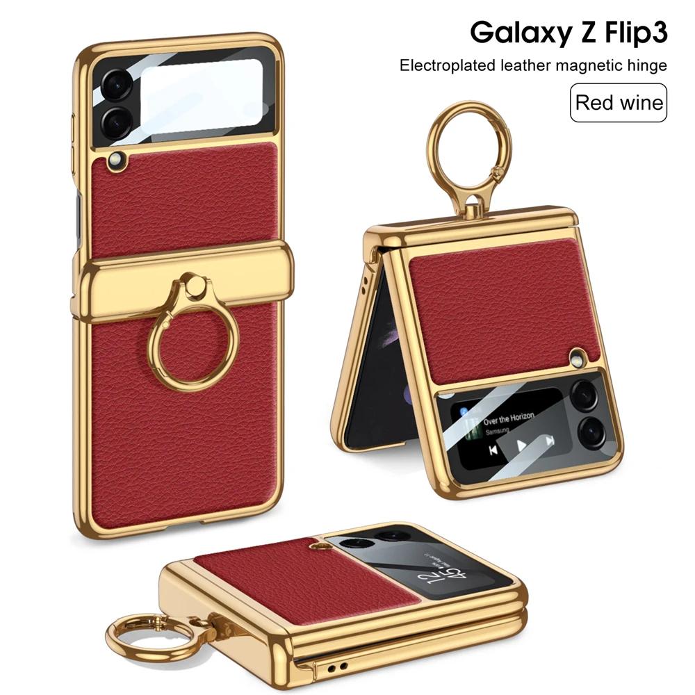 Pro Samsung Galaxy Z Flip 3 4 5 6 Pouzdro Ultratenká Ochrana Obrazovky Coque Fundas Luxusní Kůže s Kroužkem Pokovení Magnetický Kryt