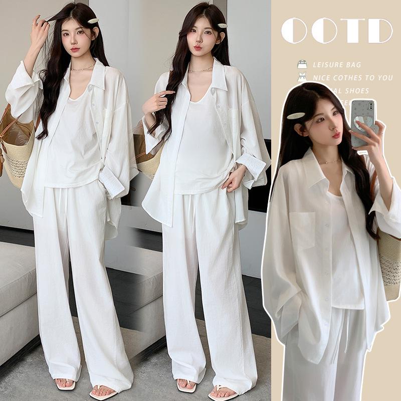 

Korean Old Money Style Maternity Set: Comfortable Early Autumn Loose Shirt, Vest, and Sun Protection Pants (3-Piece) M