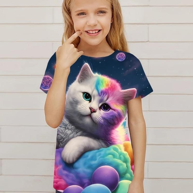 Children's Clothing Cute 3D Cat Graphic Print Short Sleeve Tops Kids Clothes T-Shirt Casual Pullover Child Boys Girls Summer