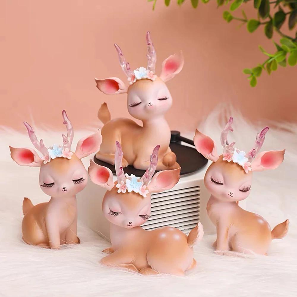 New Forest Style Pink Resin Deer Artificial Flowers Iron Acrylic Cake Toppers For Happy Birthday Party Decoration Baking Suplies