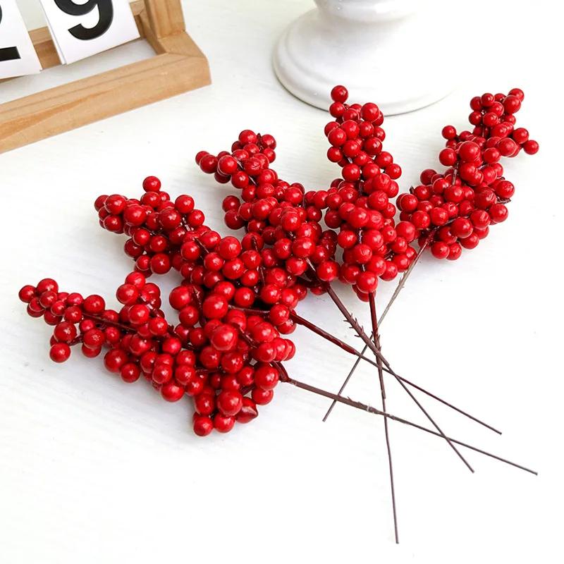 Christmas Red Berry Branches Artificial Holly Berries Stamen Fake Flowers Plants Ornaments for New Year Party Home Decor Gifts