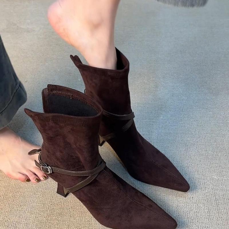 Fashion High Heel Back Zipper Women's Scrub Belt Buckle Pointed Toe Temperament Booties Vintage Slim Follower Single Boots