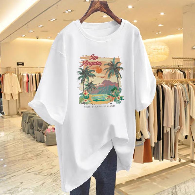 

White cotton medium and long short-sleeved t-shirt women s summer new 2025 half-sleeved summer dopamine top ins S