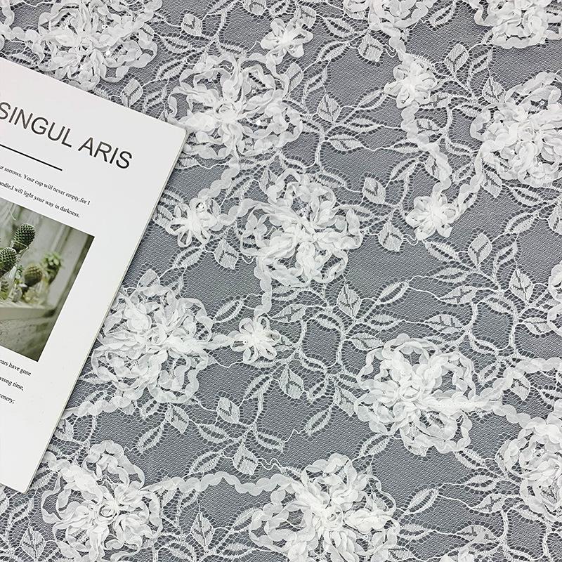 Pink Lace Fabric Roll with 3D Flower, Bead, and Sequin Embroidery for Children's Clothing Accessories