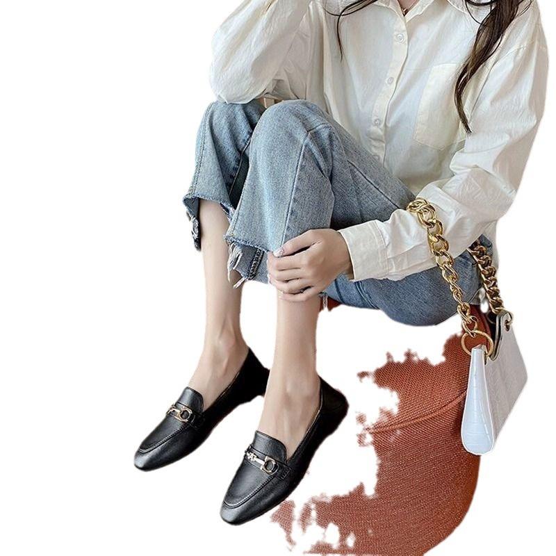 Single shoes women's flat bottom 2025 new spring Doudou shoes versatile British style retro small leather shoes one pedal loafers