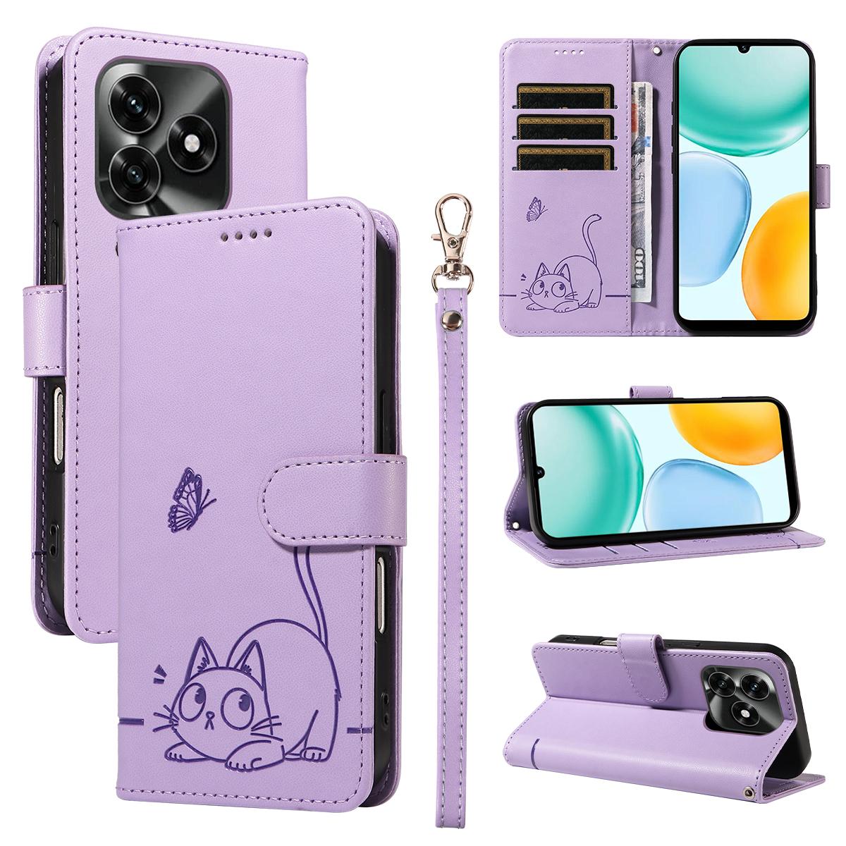 

For Honor X5c Plus 4G Case Cat Pattern Imprint Leather Phone Cover with Wrist Strap