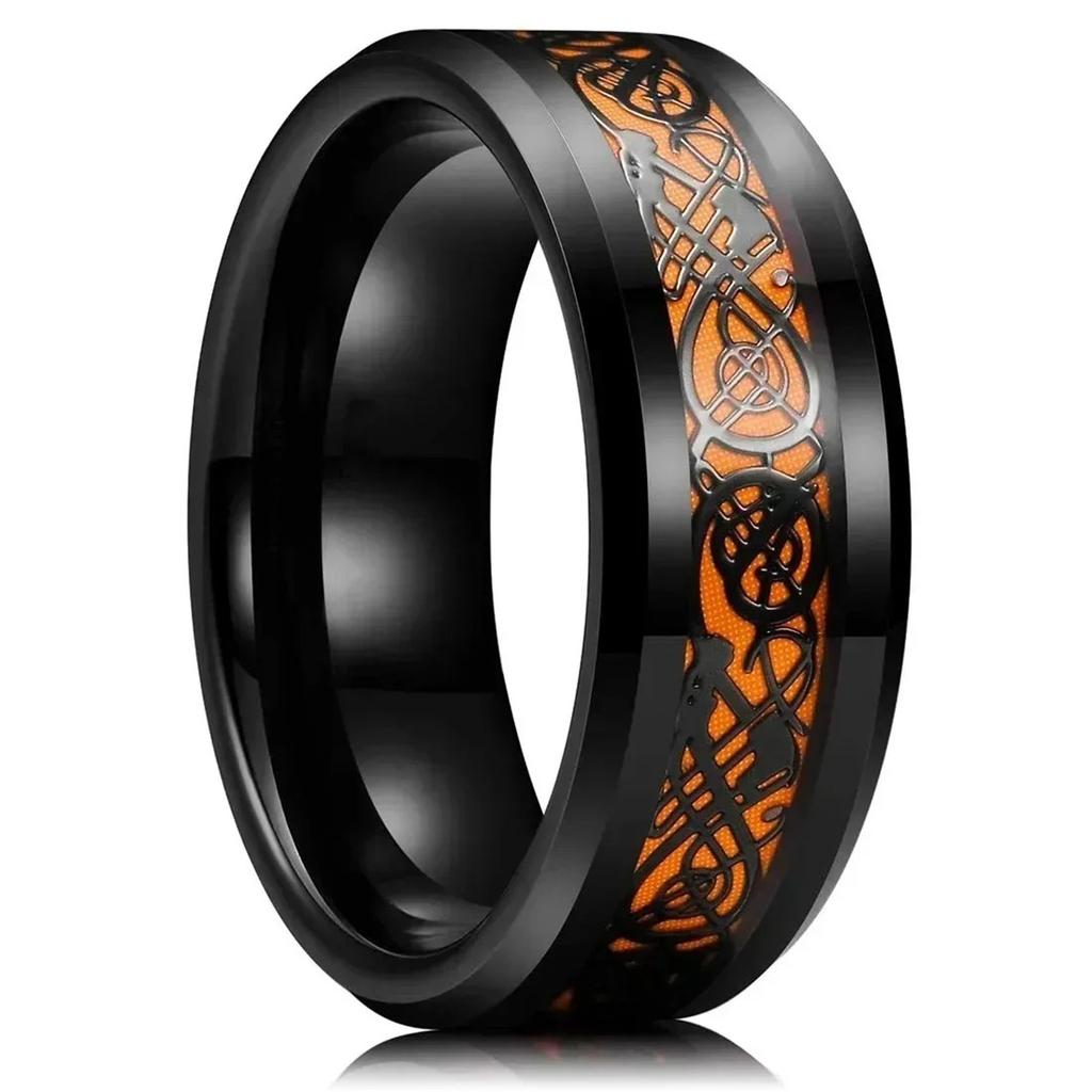 30 Colors Fashion 8MM Men Stainless Steel Celtic Dragon Rings Inlay Carbon Fiber Rings For Men Women Wedding Party Jewelry Gifts