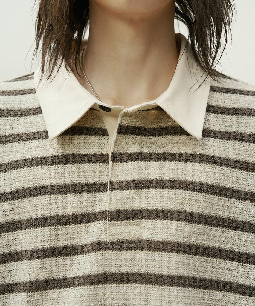 MINAV Striped Knit Collared T-Shirt [Beige]