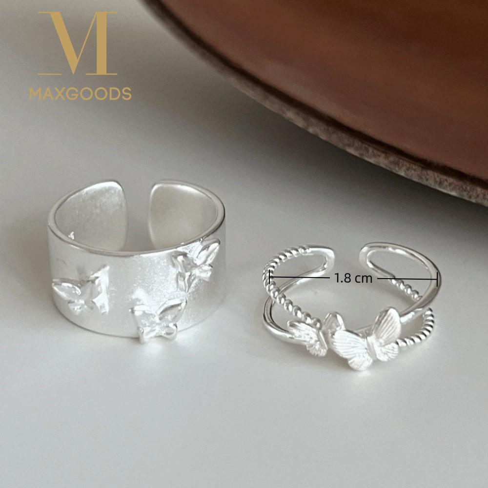Simple Tibetan Silver Butterfly Ring Adjustable Finger Matte Light Geometric Ring 3D Opening Wide Ring Women