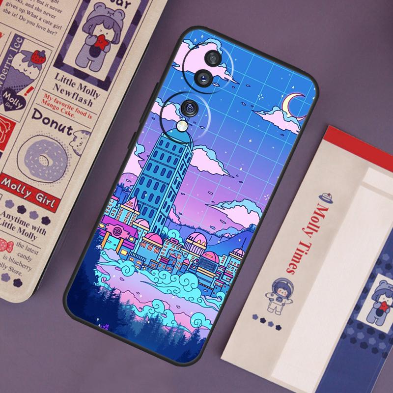 Neon Village Bathhouse Night Case For Honor Magic 7 Lite 5 6 Pro Honor 200 Pro 50 70 90 X9b X9a X8b X8a X8 X9 X9c Cover