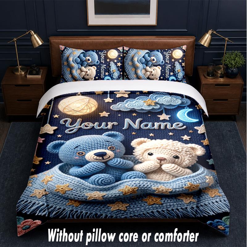 Teddy Bear Theme Custom Text Or Name 3Pcs Bedding Set,1 Flat Sheet & 2 Pillowcases Personalized Home Bedding