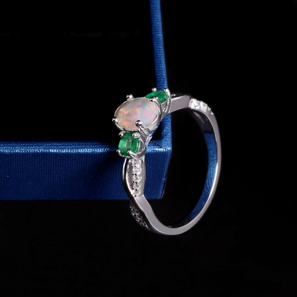 Noble Elegance October and May Birthstone Natural Opal with Green Emerald Ring 925 Silver Gemstone Jewelry for Women