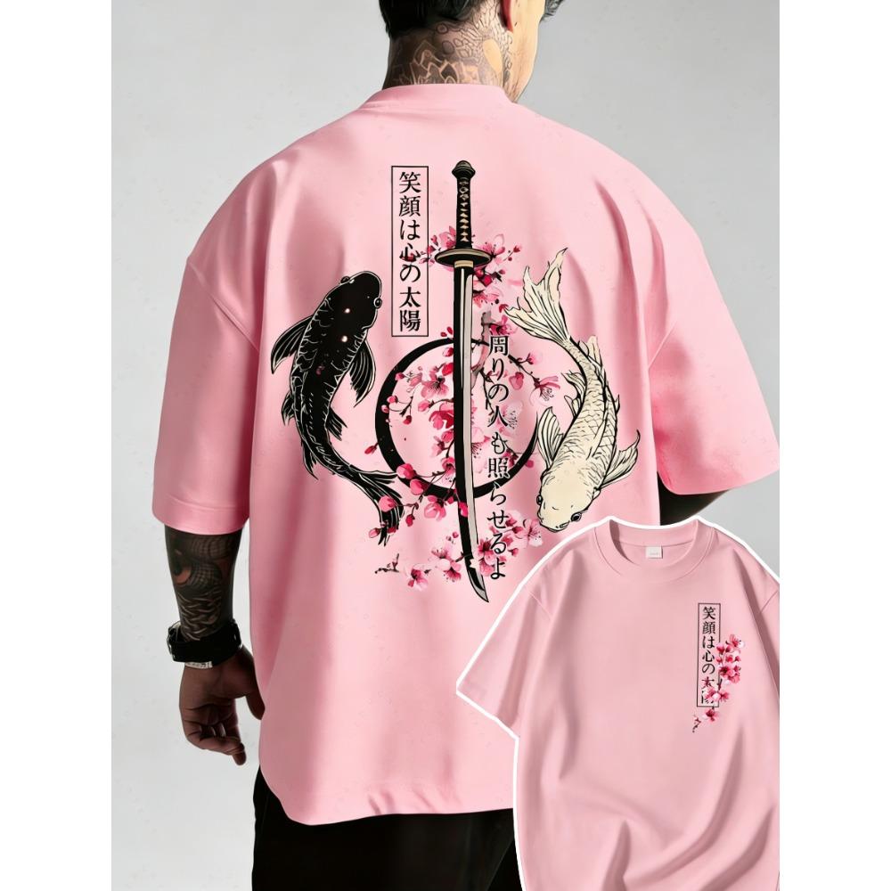 Letnia japońska Yin Yang Ryba Koi Wzór Miecz Samurajski Bawełna Męski T-shirt Krótki Rękaw Koszulka