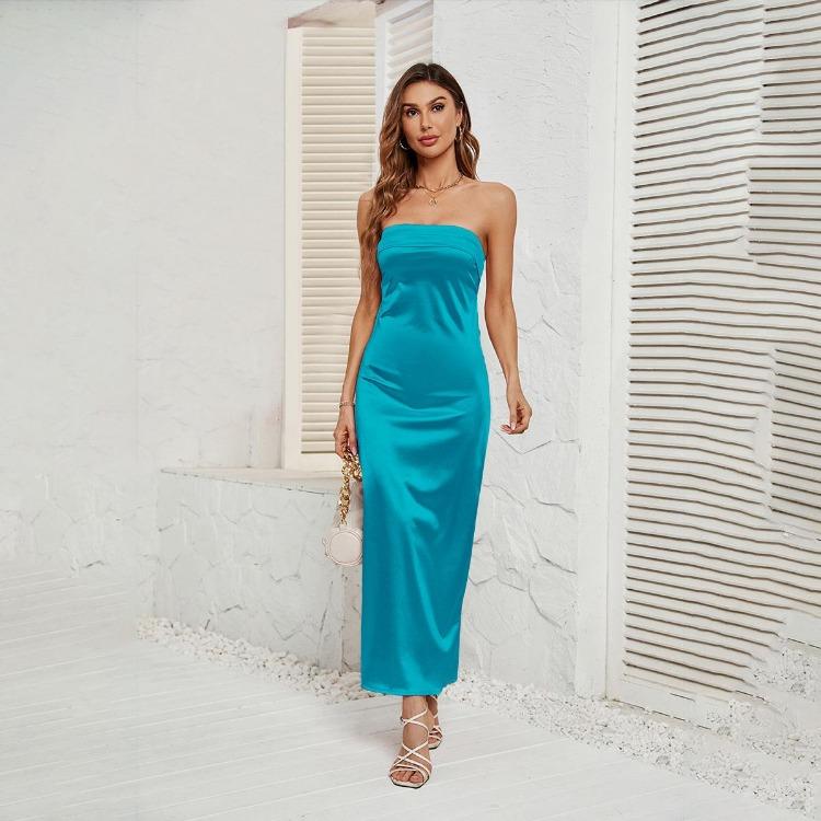 Women Solid Backless Bustier Dress Sleeveless High Waist Ankle Length Design Sense