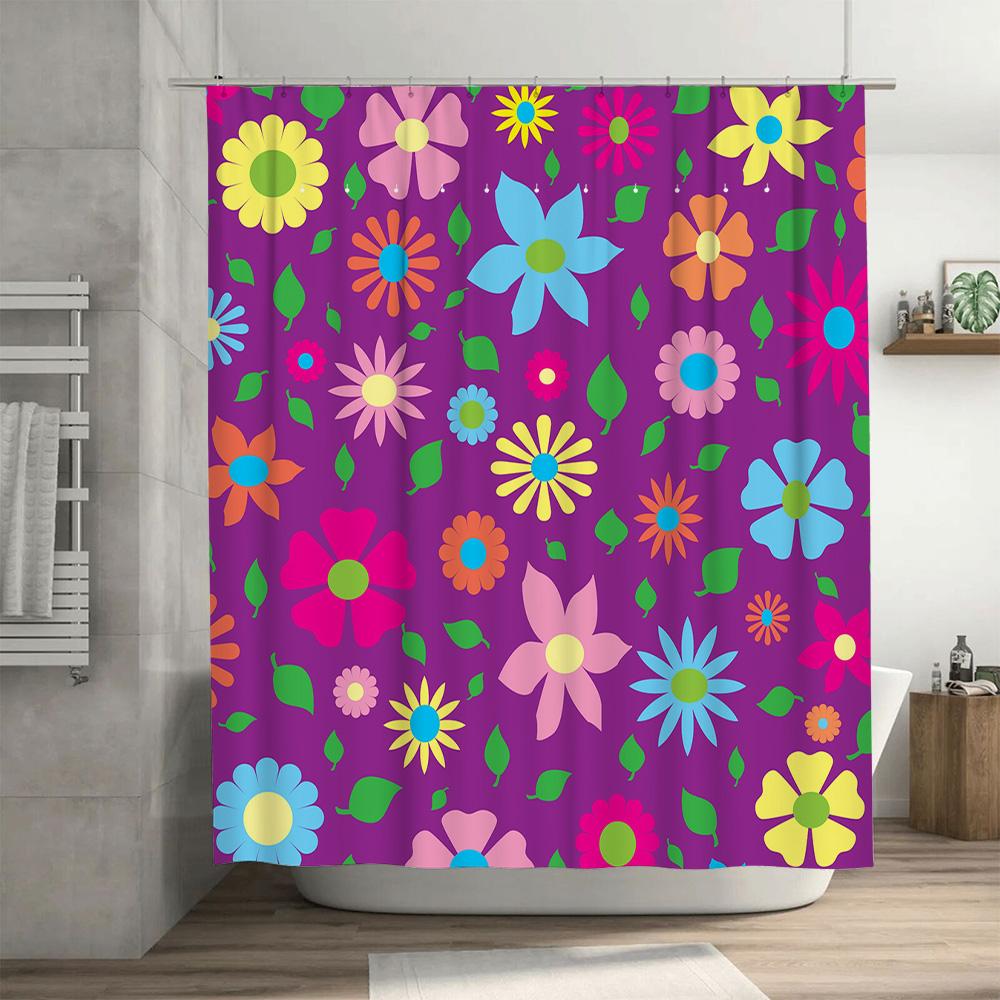 Colorful Floral Shower Curtain with Hook Set Bath Decor Printed Fabric Waterproof Home Accessories Bright Purple Green Yellow Or