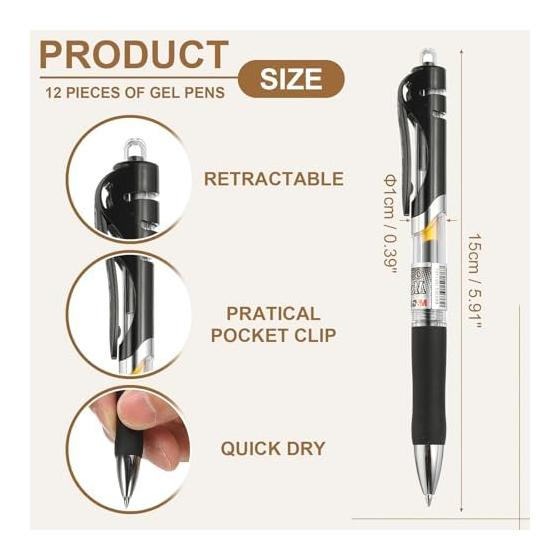 PATIKIL 12-Piece 0.7mm Gel Pens, Black Ink, Retractable Rollerball Pens, Medium Point, Smooth Writing, Quick Dry, for Home, Office, Business, Art,