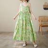 2026 Summer Cotton Linen Patchwork Long Dress with Sling and Large Hem Skirt