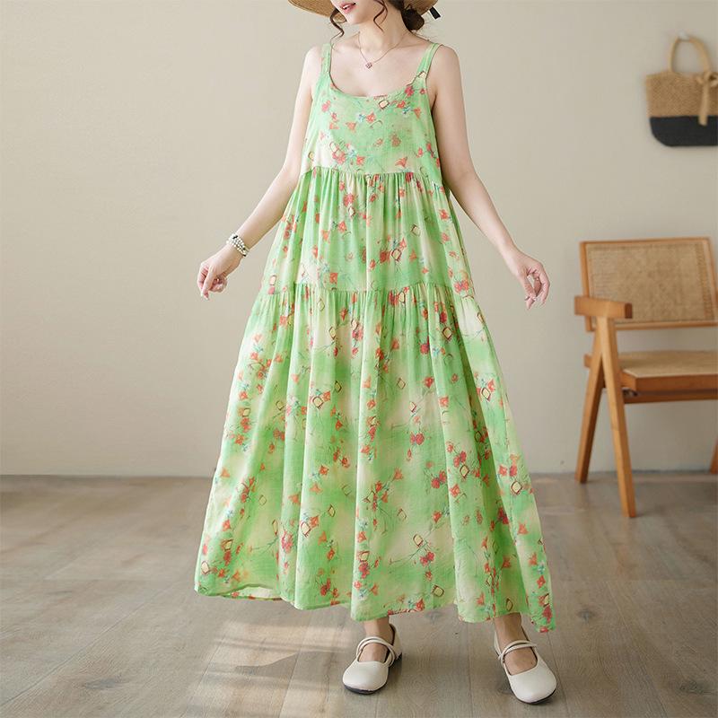 2026 Summer Cotton Linen Patchwork Long Dress with Sling and Large Hem Skirt