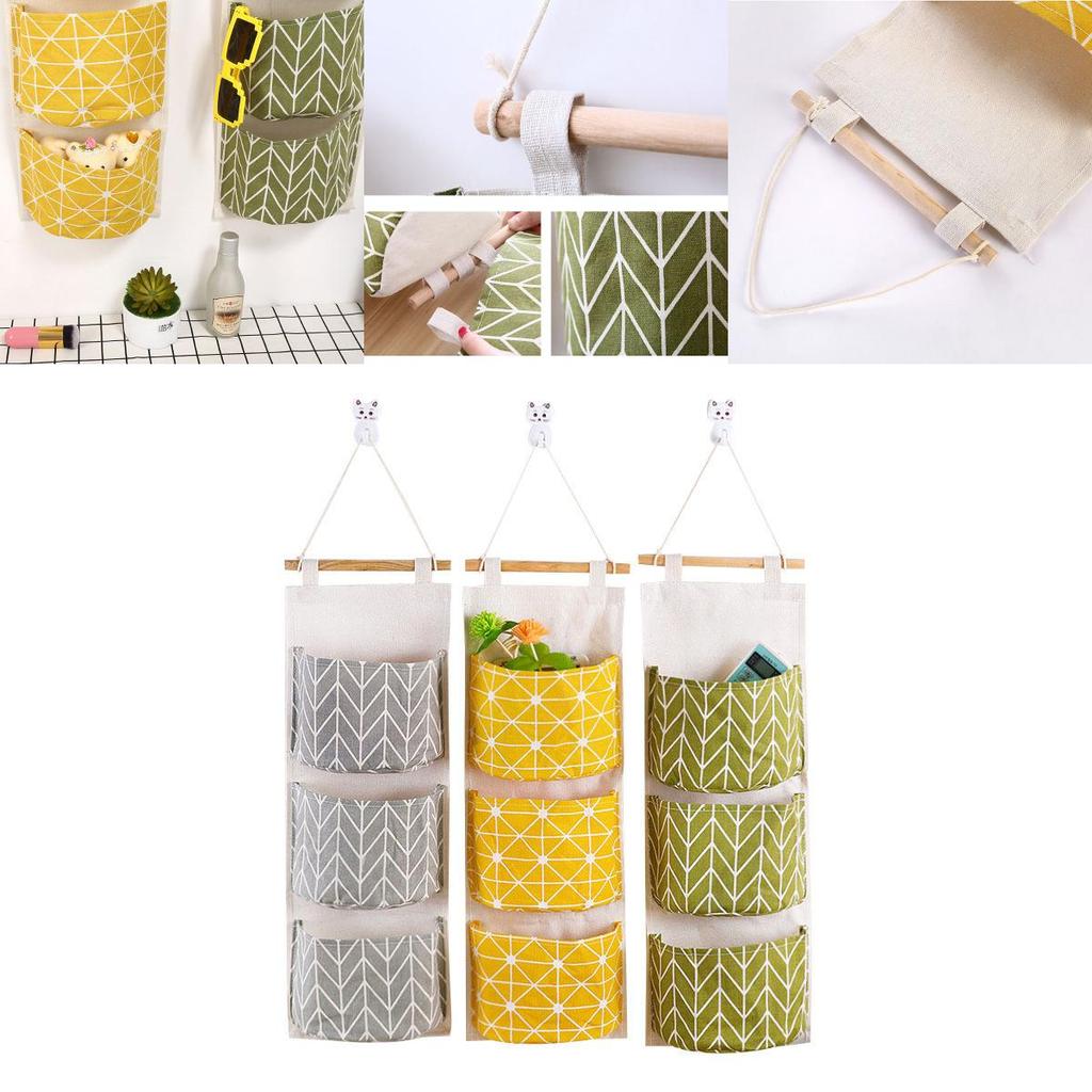 Elegant Space-saving Hanging Storage Bag With Durable Cotton Linen And 3 Pockets For Sundries