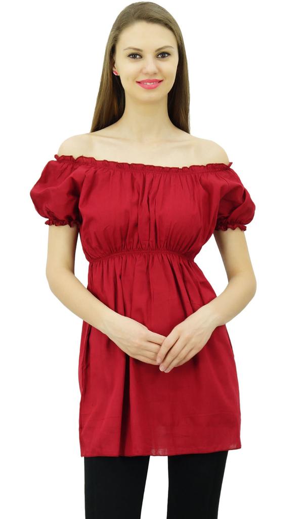 Bimba Women's Off shoulder Puff Sleeve Tops Elastic Waist Blouse Cotton