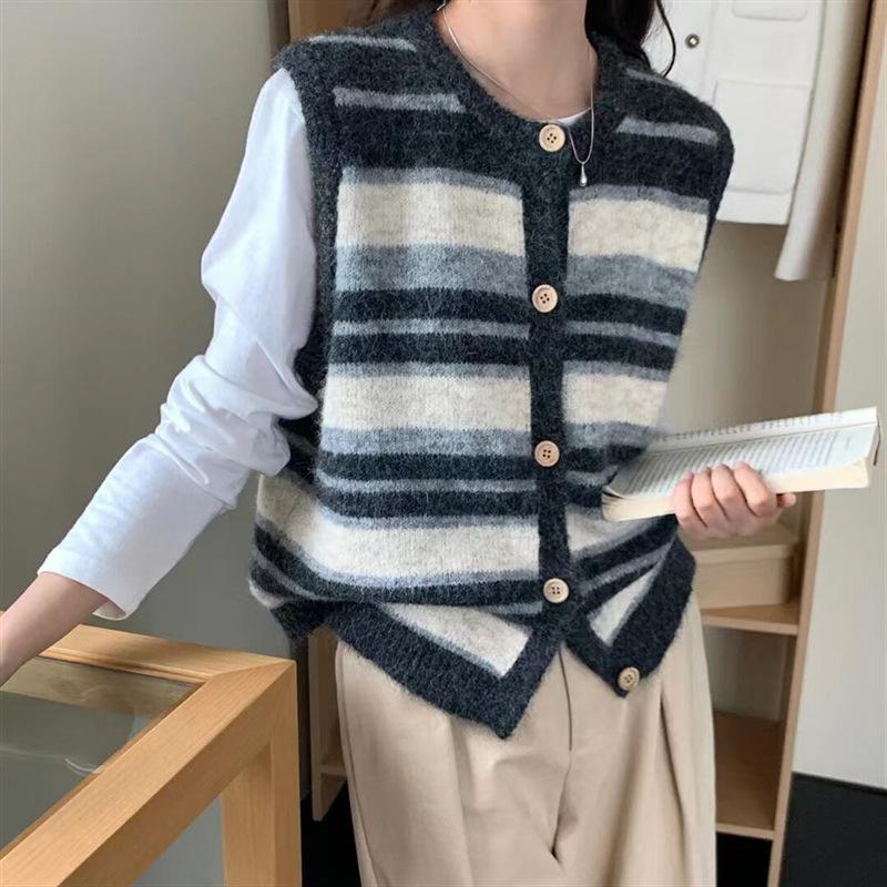

Весенне-осенний вязаный жилет с контрастной полоской, женский стиль, повседневный жилет-свитер 3XL темно-серого
