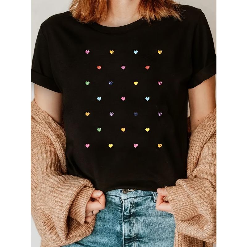 Damen EU-Größe T-Shirt - Rundhalsausschnitt Kurzarm, Bunter Herz-Aufdruck, Mode Elegant Sportlich, Familienfeier/Party-Kleidung