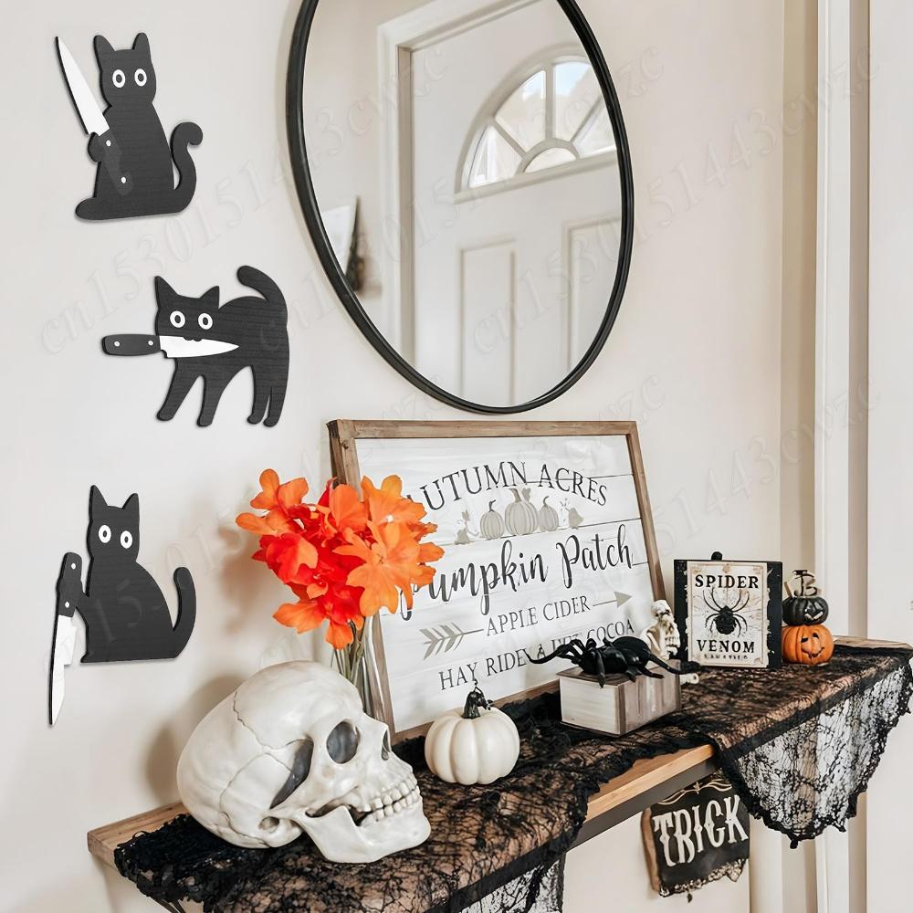 3Pcs Black Cat Holding Cutter Halloween Door Frame Decor 3 Spooky Wooden Black Cats Funny Wall Art Home Bedroom Decoration Props