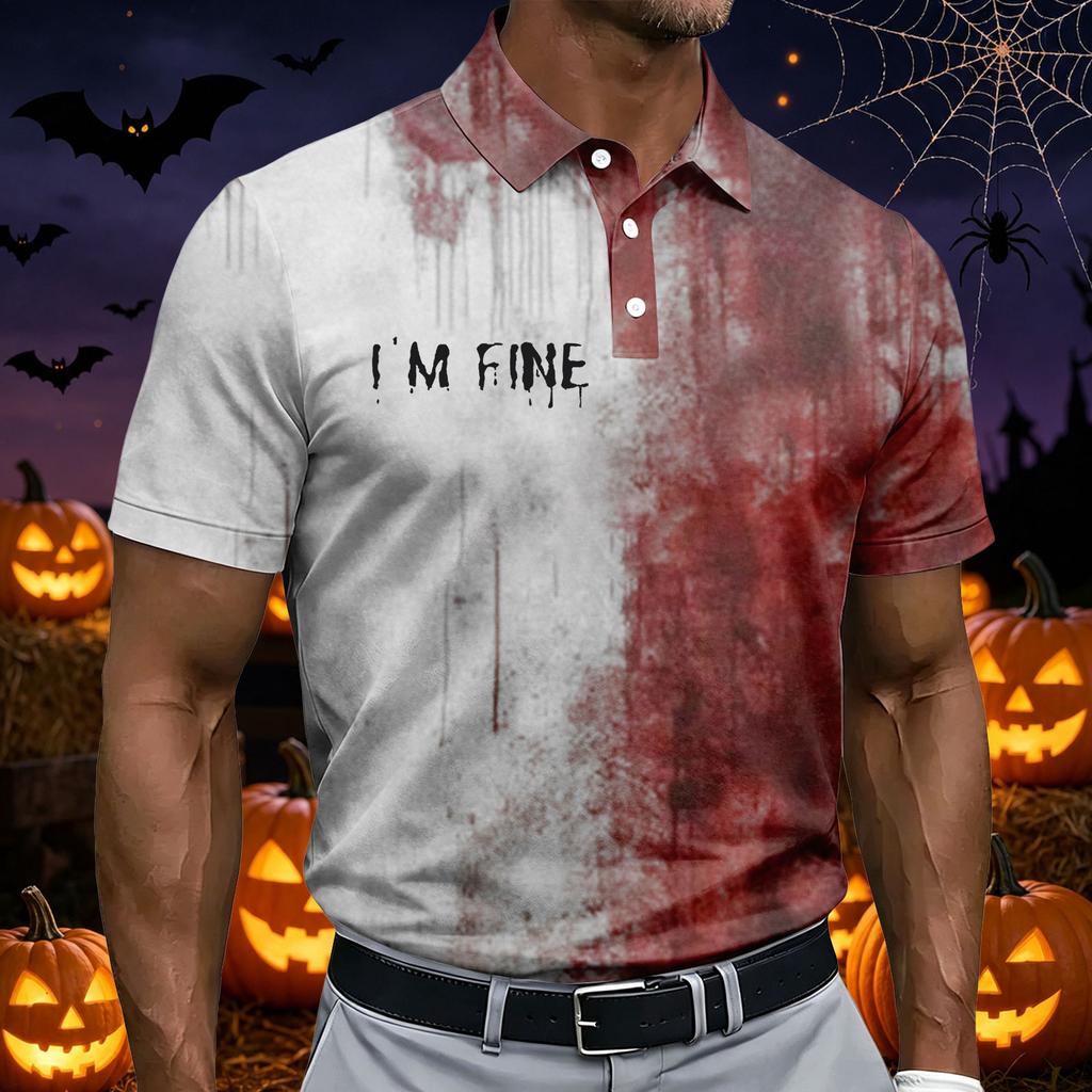 Men's Casual Short Sleeve Polo Shirt Halloween Print Breathable Lightweight Button Down Collar Summer Top