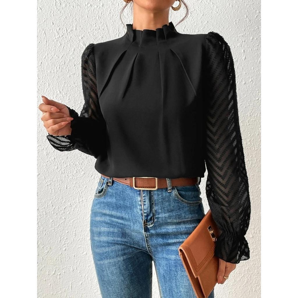 Fall Winter Women's Half Turtleneck Patchwork Wavy Chiffon Long Sleeve Top, European American Style Crossborder Women's Clothing
