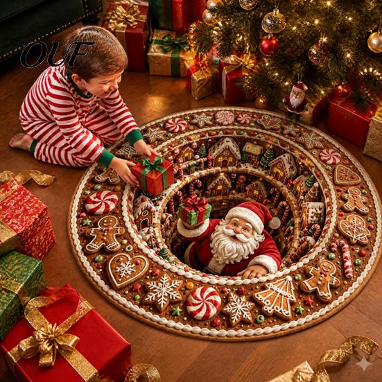 Christmas Party Supplies 3D Round Rug, Optical Illusion Area Santa Claus Deep Hole Floor Mat Prints, Non-slip Welcome Rug for Entrance Living