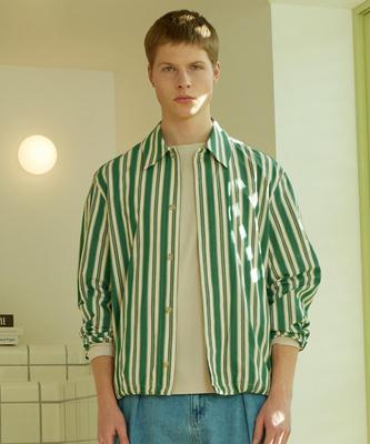 NOTIG Cotton Blend Striped Shirt-Style Jacket Green_Oks3Shcl107E1